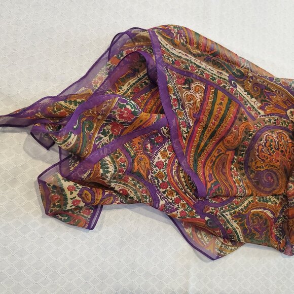 NWT 100% SILK Purple Brown Paisley Women's Scarf Multi-colour Earthy Square 36" - Picture 5 of 6